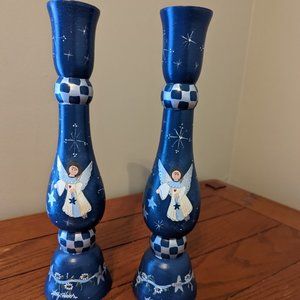 Set of 2 Kathy Hatch Blue & Silver Wooden Candlesticks Angel Family Love Friends